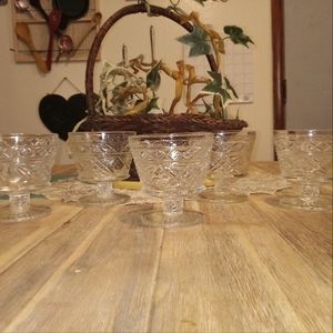 Set 4 Vintage Glasses Gothic  Hazel Atlas Footed Crystal Engraved Cut Stemware